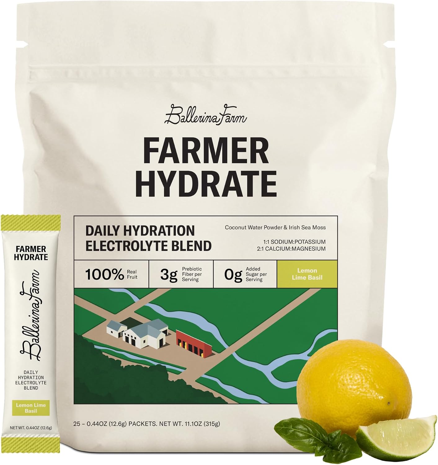 Ballerina Farm Farmer Hydrate Lemon Lime Basil Electrolyte Powder Packets | Travel Ready, Organic Coconut Water, Irish Sea Moss, French Sea Salt, 210mg Sodium, 25 Count