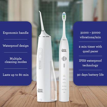GuruNanda Lion & Lamb Kit (White) - Portable Water Flosser (300ml) with 4 Jet Tips & 5000