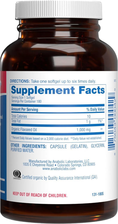 Cold Pressed Organic Flaxseed Oil 1000mg Softgels - Non GMO Organic Flax Seed Oil Rich in Naturally Occurring Omega 3 6 9 for Full Body Benefits - Fish Free Omega 3 Supplement (180 Softgels)