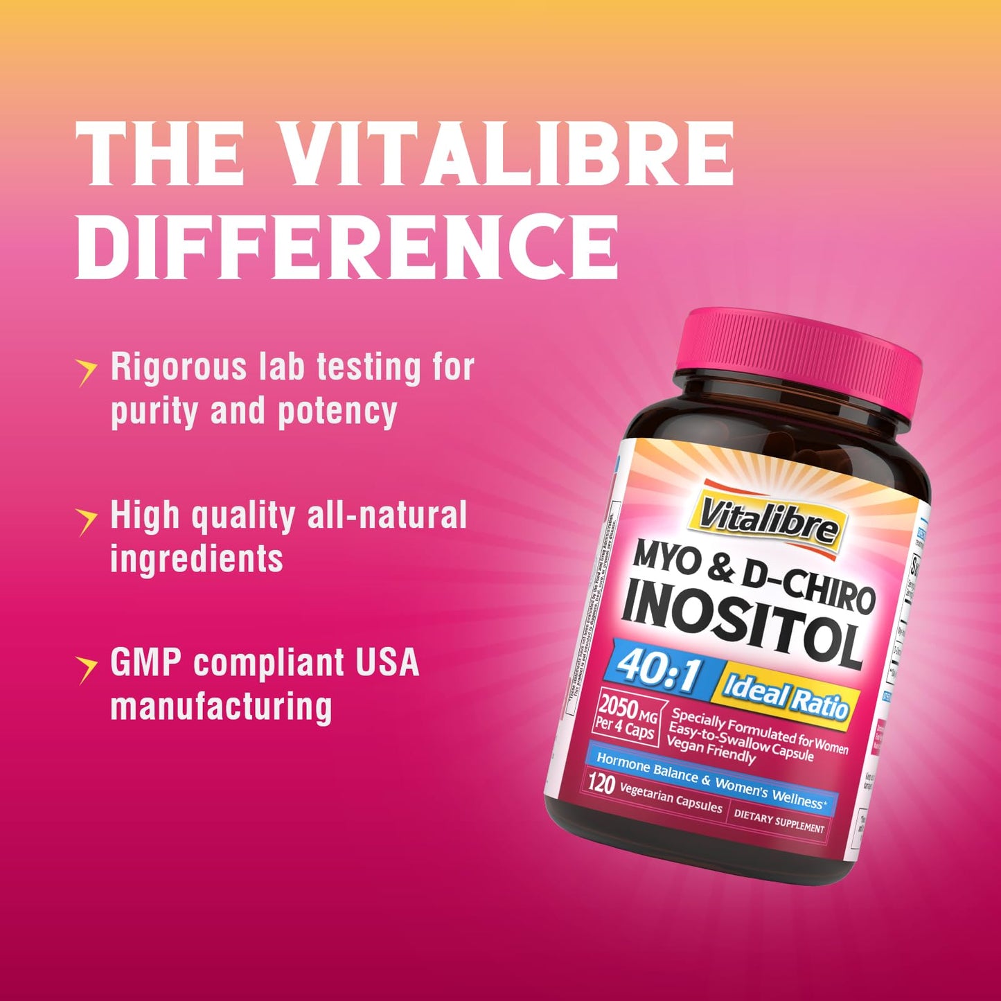 Vitalibre Inositol Supplement, Myo-Inositol & D-Chiro Inositol Supplements for Women, 40:1 Ideal Ratio, Hormone Balance and Women’s Wellness, 80 Vegan Capsules