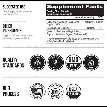 Organic Iodine Supplement from Sea Vegetable Complex, Whole Food & Raw Form - Iodine Plus Trace Mineral Complex – Contains Purest Icelandic Sea Kelp, Irish Moss & Bladderwrack (250 mcg)