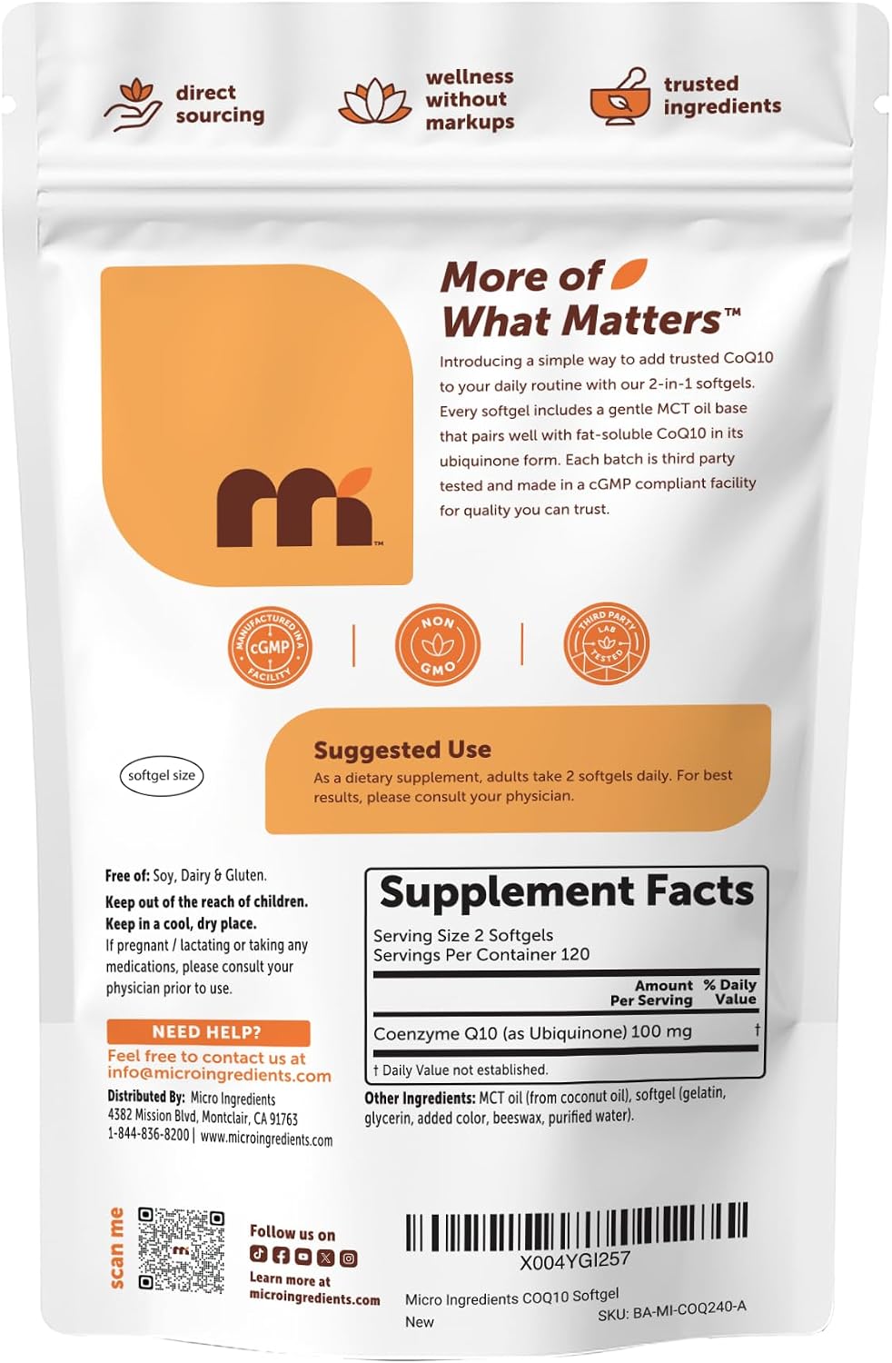Micro Ingredients CoQ10 100 mg Per Serving, 240 Softgels | Coenzyme Q10 (Ubiquinone) Supplement | Made with MCT Oil | Non-GMO, Gluten Free