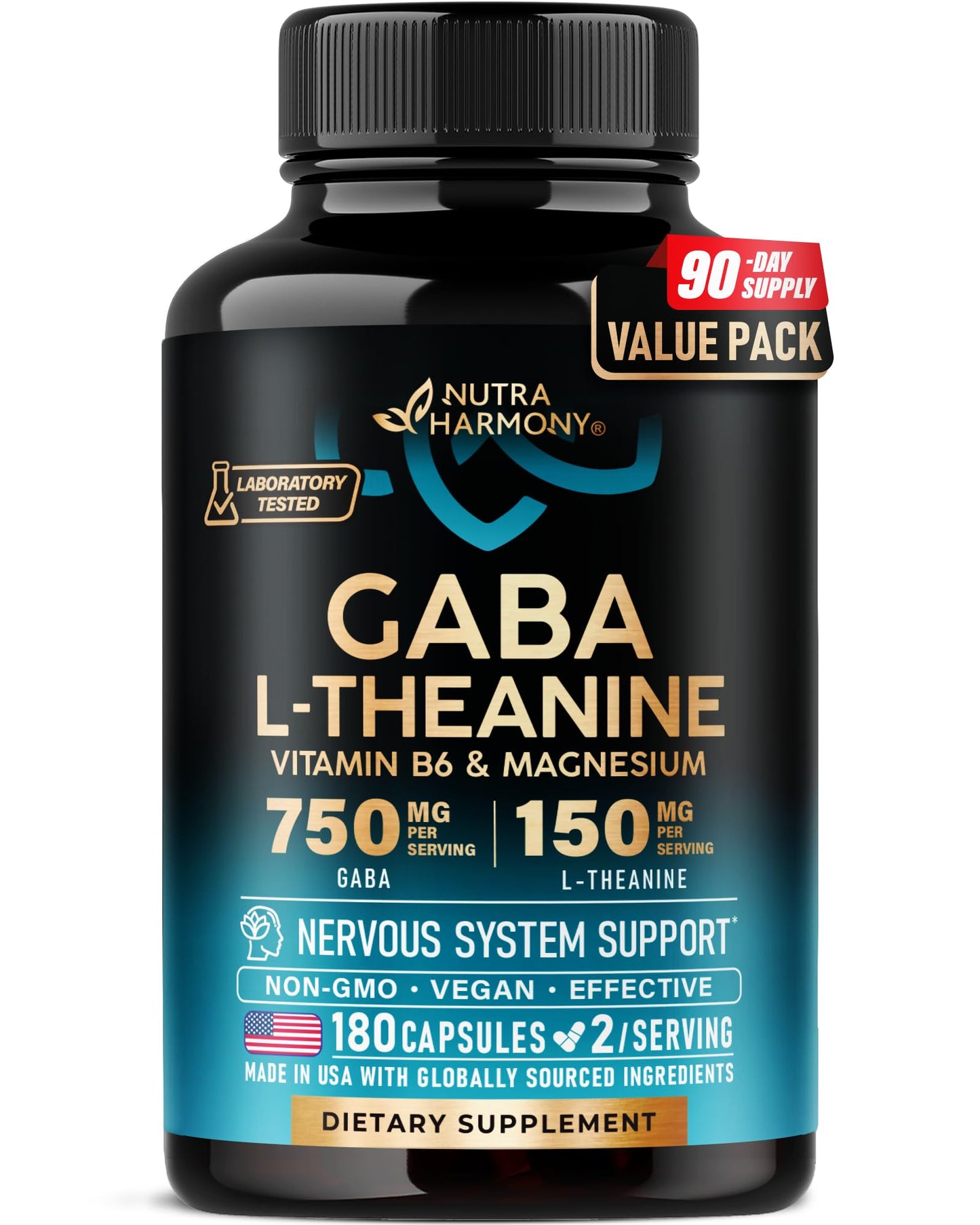 GABA L-Theanine 900 mg - Magnesium | Vitamin B6 - Calm, Sleep, Relaxation & Mood Support - Lab Tested - 750 mg Gamma AminoButyric Acid, 150 mg L-Theanine - Non-Habit Forming, Vegan - 120 Capsules