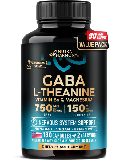 GABA L-Theanine 900 mg - Magnesium | Vitamin B6 - Calm, Sleep, Relaxation & Mood Support - Lab Tested - 750 mg Gamma AminoButyric Acid, 150 mg L-Theanine - Non-Habit Forming, Vegan - 120 Capsules