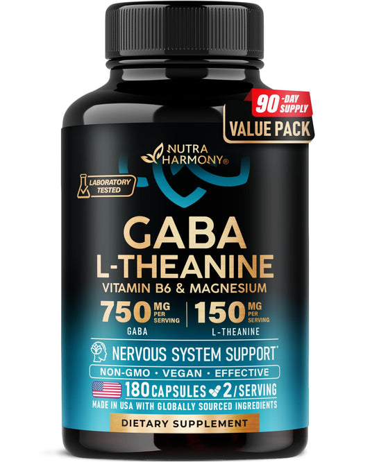 GABA L-Theanine 900 mg - Magnesium | Vitamin B6 - Calm, Sleep, Relaxation & Mood Support - Lab Tested - 750 mg Gamma AminoButyric Acid, 150 mg L-Theanine - Non-Habit Forming, Vegan - 120 Capsules