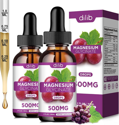 2 Pack Magnesium Glycinate Liquid Drops, Magnesium Glycinate Supplement 500mg with Calcium, Zinc, Vitamin B6, D3, L-Theanine, Omega 3 for Sleep, Mood, Stress Relief, Bone, Muscle, Grape Flavor 4 Fl Oz