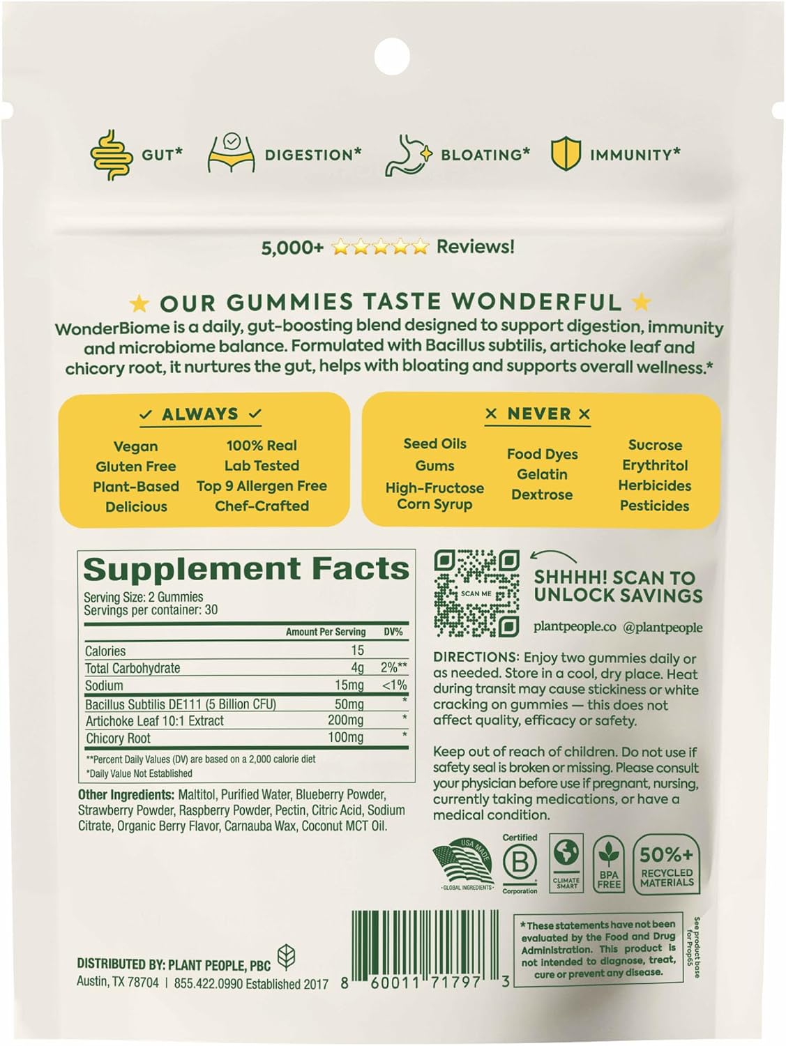 Plant People WonderBiome 2-in-1 Prebiotic + Probiotic Gummies, 60 Count