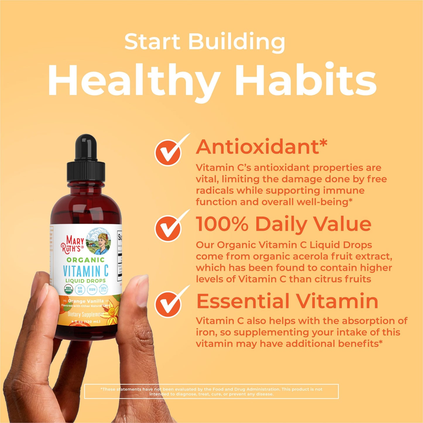 MARYRUTH'S USDA Organic Kids Vitamin C Drops Vegan Vitamin C Immune Support Supplement for Ages 4-13 | Immune Support & Overall Health | Vitamin C from Organic Acerola Fruit Extract | 2oz