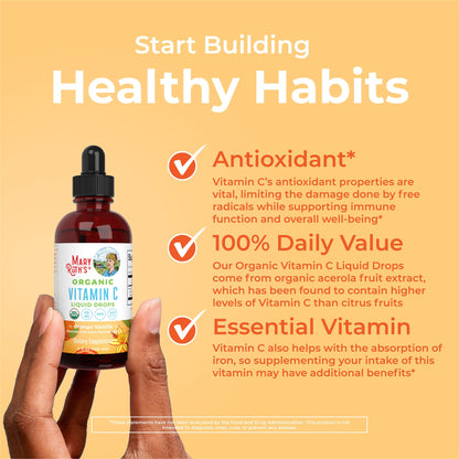 MARYRUTH'S USDA Organic Kids Vitamin C Drops Vegan Vitamin C Immune Support Supplement for Ages 4-13 | Immune Support & Overall Health | Vitamin C from Organic Acerola Fruit Extract | 2oz