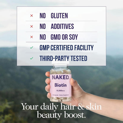NAKED Biotin 10,000mcg - Max Strength Vitamin B7 Supplement for Healthy Hair, Skin & Nails Support - Non-GMO, Gluten-Free, Vegan - Supports Keratin Production - 120 Capsules