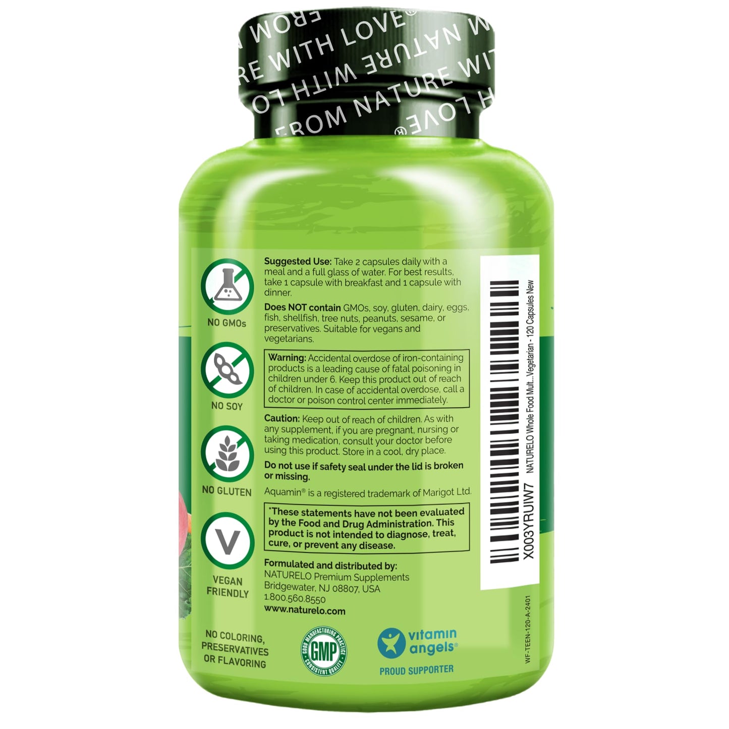 NATURELO Multivitamins for Teenage Girls/Boys, 60 Capsules, Whole Food Multivitamin with Minerals, Non-GMO, Vegetarian