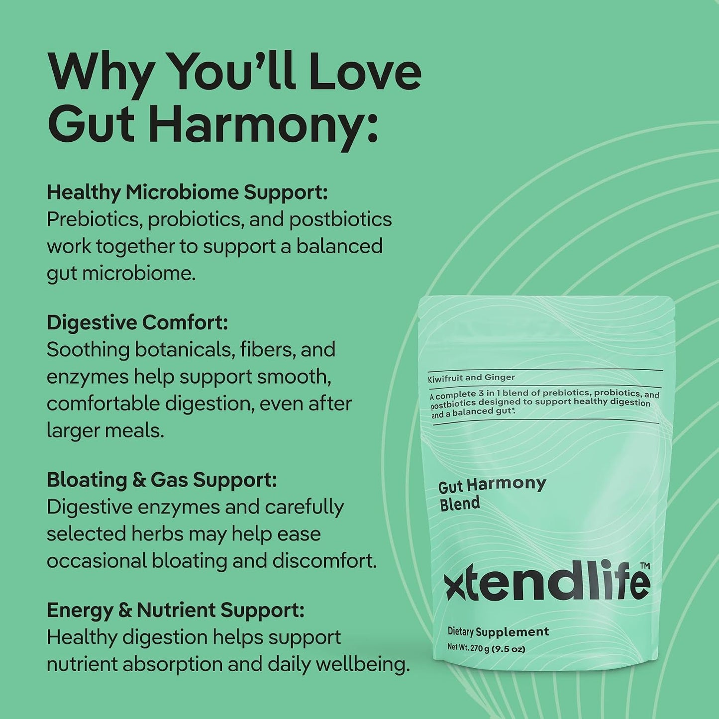 Xtendlife Gut Harmony Greens and Superfood for Digestive Health - Prebiotics, Probiotics, and Postbiotics for Bloating & Gut Support - 30 Servings (Pack of 1)
