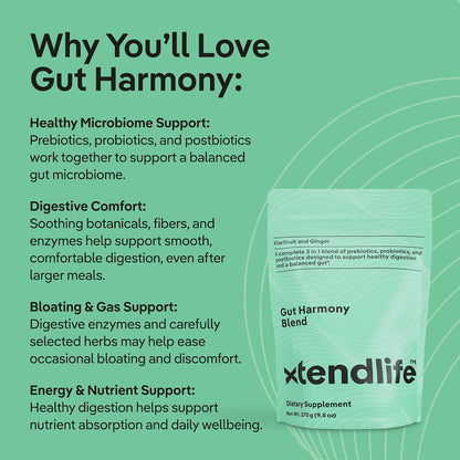 Xtendlife Gut Harmony Greens and Superfood for Digestive Health - Prebiotics, Probiotics, and Postbiotics for Bloating & Gut Support - 30 Servings (Pack of 1)