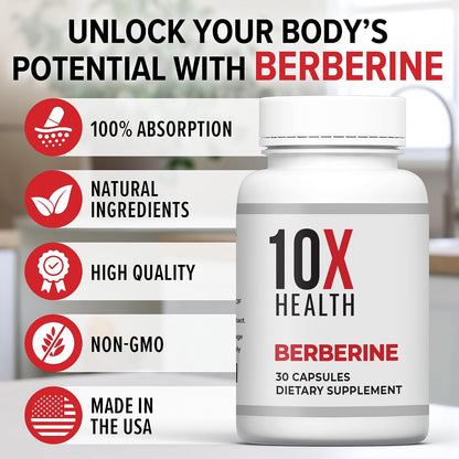 10X Health Berberine - 500mg, 30 Capsules | Dihydroberberine: 500mg for Better Absorption, Cardiovascular & Gut Health Support