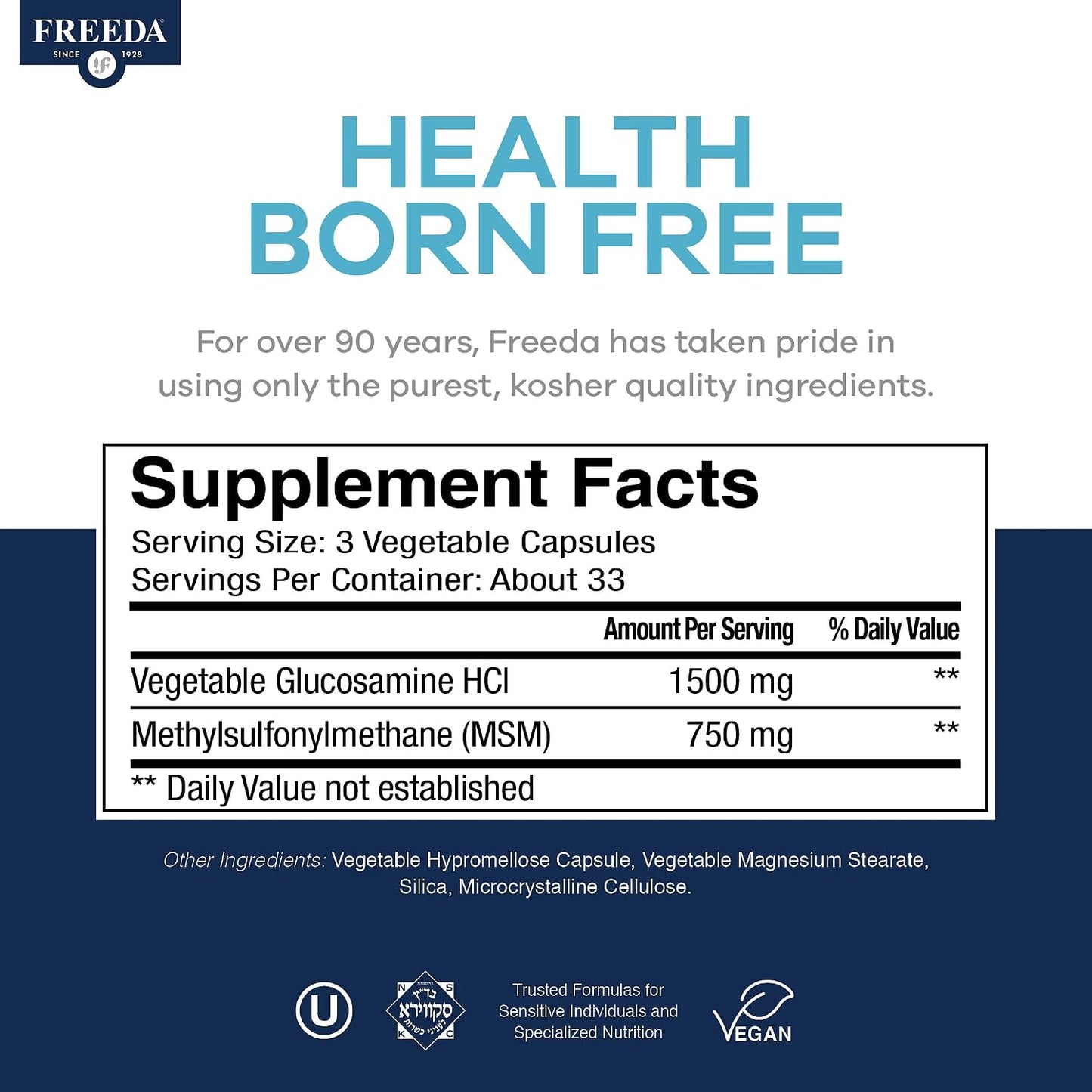 FREEDA Glucosamine 1500mg + MSM 750mg for Bone & Joint Support – 100ct | For Active Lifestyles – Supports Knees, Hips, Flexibility, & Mobility – Vegan, Kosher, Shellfish-Free, Made in USA