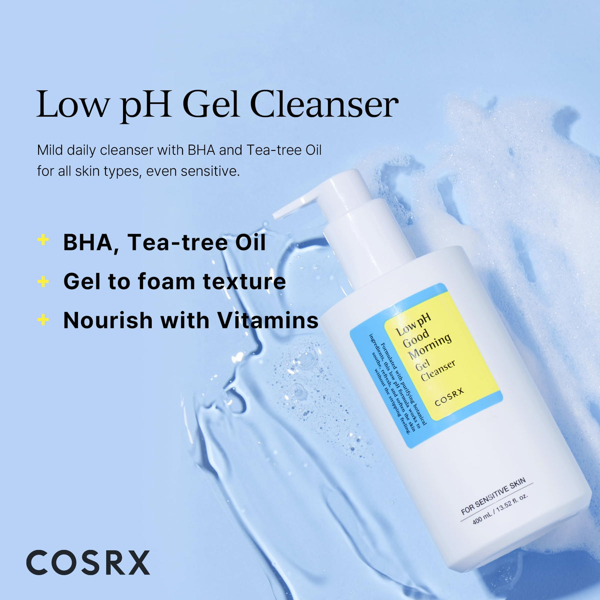 COSRX Low pH Good Morning Gel Cleanser, Daily Mild Face Cleanser for Sensitive Skin