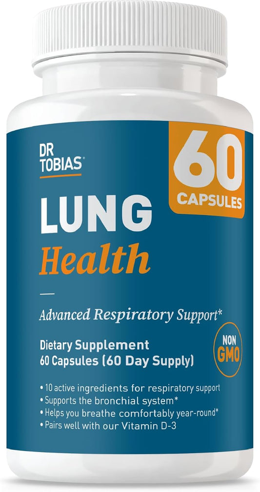 Dr. Tobias Lung Health Respiratory Support 60 Capsules | Lung Supplement | Lung Cleanse, Bronchial & Immune Support | Vitamin C + Butterbur + Quercetin + Bromelain | 60 Servings
