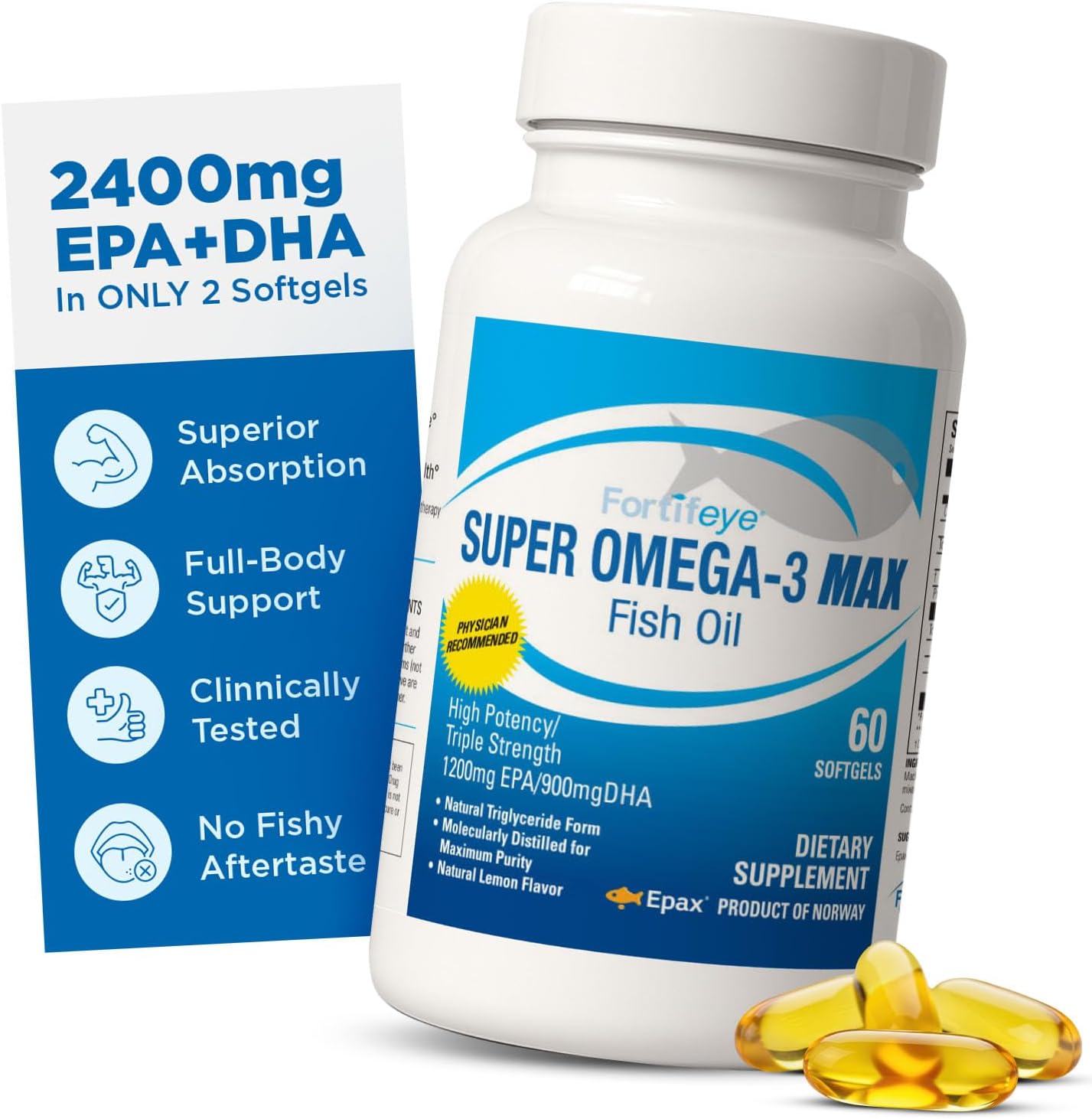 Fortifeye Super Omega-3 Max Fish Oil - 60 Count - Quadruple Strength Ultra-Pure rTG Omega-3-2400mg EPA + DHA in 2 Softgels - Expertly Concentrated & Purified in Norway from Wild Fish - Lemon Flavor