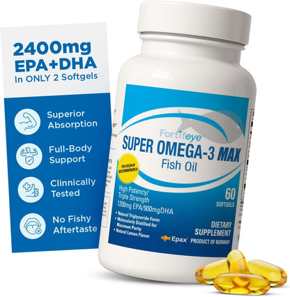 Fortifeye Super Omega-3 Max Fish Oil - 60 Count - Quadruple Strength Ultra-Pure rTG Omega-3-2400mg EPA + DHA in 2 Softgels - Expertly Concentrated & Purified in Norway from Wild Fish - Lemon Flavor