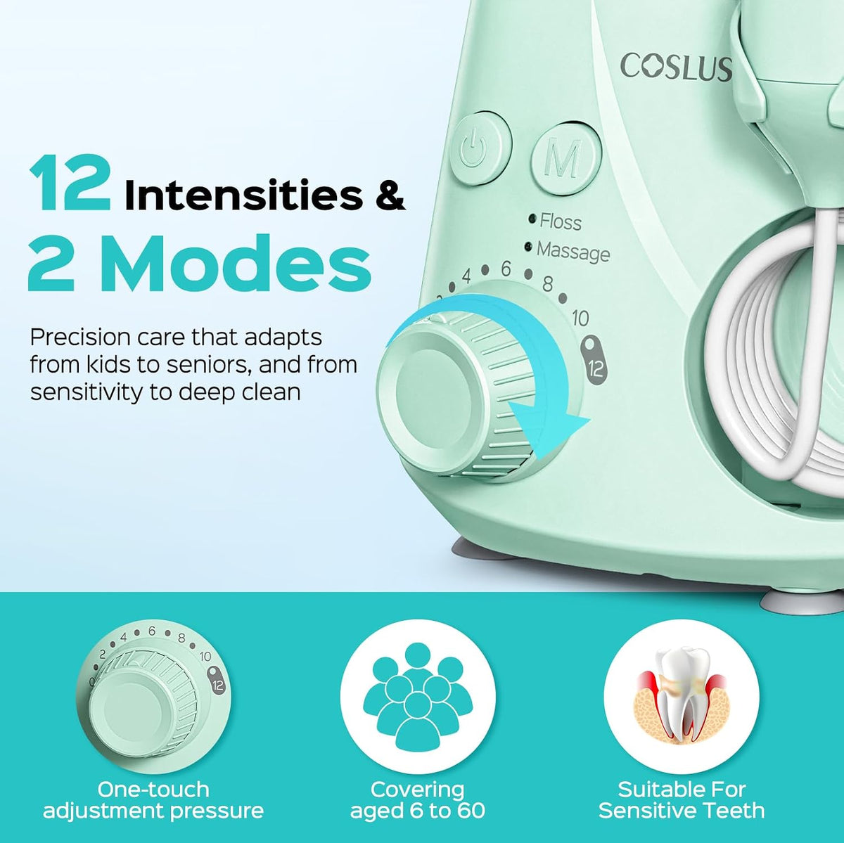 COSLUS E2 Water Dental Flosser for Teeth, Multi-User Family Use, Green