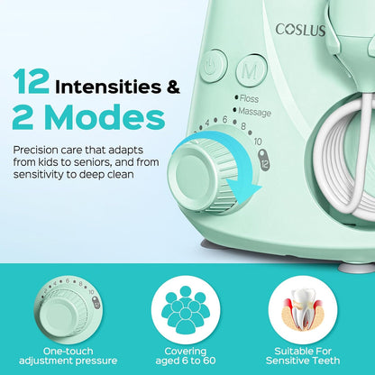 COSLUS E2 Water Dental Flosser for Teeth, Multi-User Family Use, Green