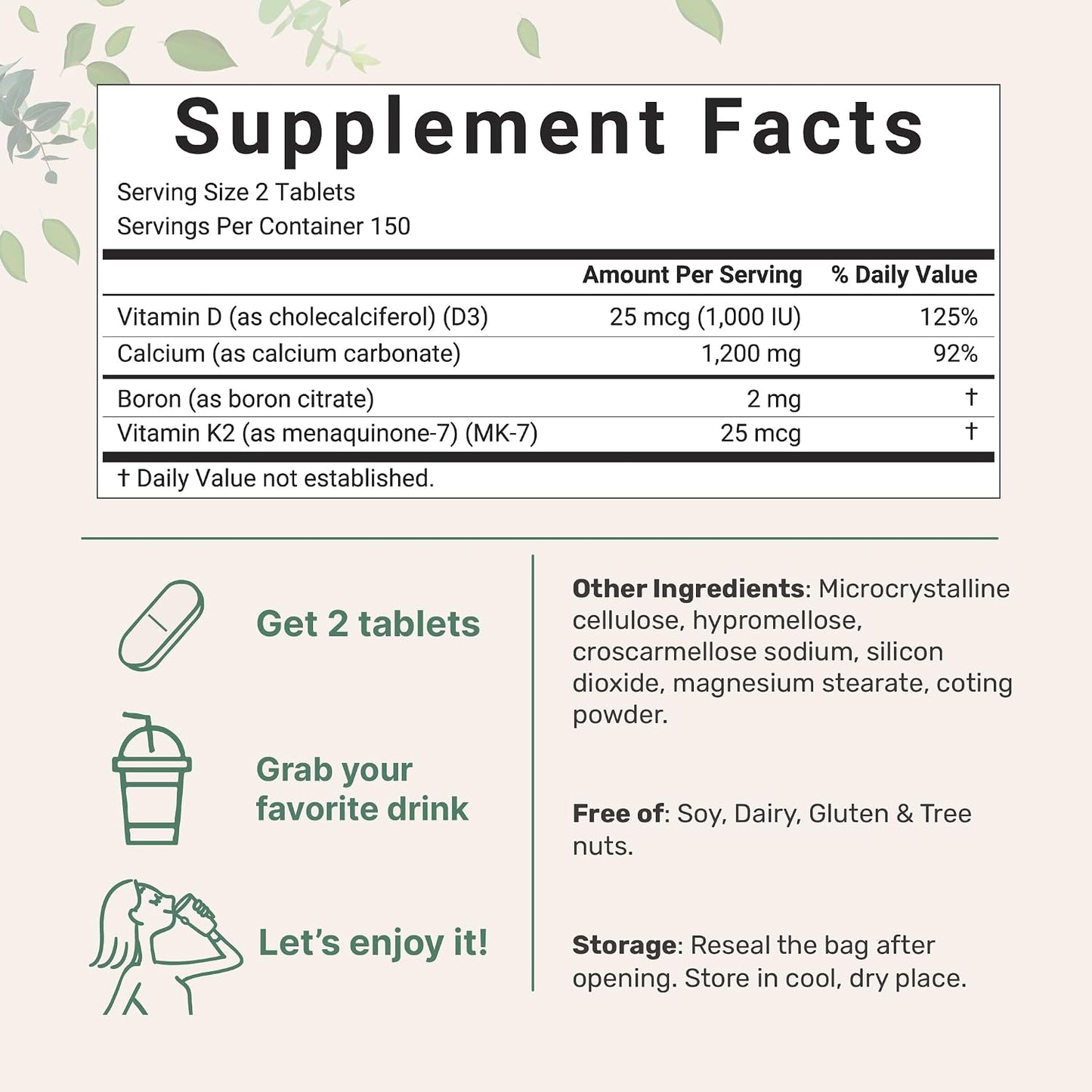 Calcium 1,200mg with Vitamin D3 & K2, 300 Tablets | Calcium Supplements for Women & Men | Mineral Complex Support Bone, Teeth, Colon & Cardiovascular Health | Non-GMO, Gluten-Free