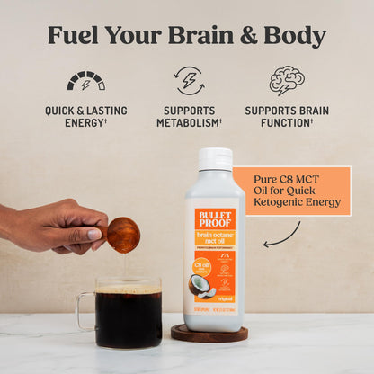Bulletproof Brain Octane C8 MCT Oil, 16 oz – 100% Pure Coconut Oil, Triple-Distilled Keto Energy Supplement for Coffee & Smoothies, Unflavored, No Additives or Fillers, Non-GMO