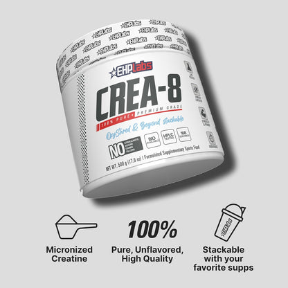 EHP Labs CREA-8 Creatine Monohydrate Powder, Unflavored, 100 Servings | Micronized Creatine For Muscle Growth, Strength & Energy. Mixes Easily, No Clumping. Pre Or Post Workout. 500g
