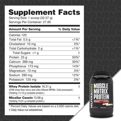 NutraBio Muscle Matrix Protein Powder - 25g of Protein Per Scoop - Whey Isolate and Micellar Casein Combo for Fast and Slow Release - Dutch Chocolate - 2 Pounds, 28 Servings