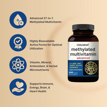 Methylated Multivitamin for Men and Women, 240 Capsules | 27-in-1 Formula with Vitamins B Complex, C, D3, K2, NAD, NAC, CoQ10, Resveratrol, Magnesium, Zinc & More | Daily Essential Vitamins