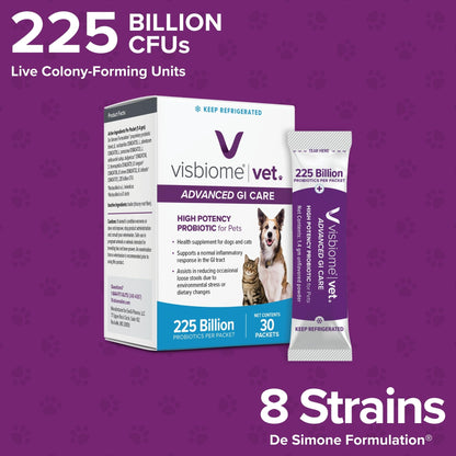 Visbiome® Vet Advanced GI Care Probiotic for Dogs & Cats, 225B CFU, 30 ct | Veterinarian Recommended, De Simone Formulation®, Multi-Strain, Refrigerated Probiotics, Weight-Based Dosing, Made in USA
