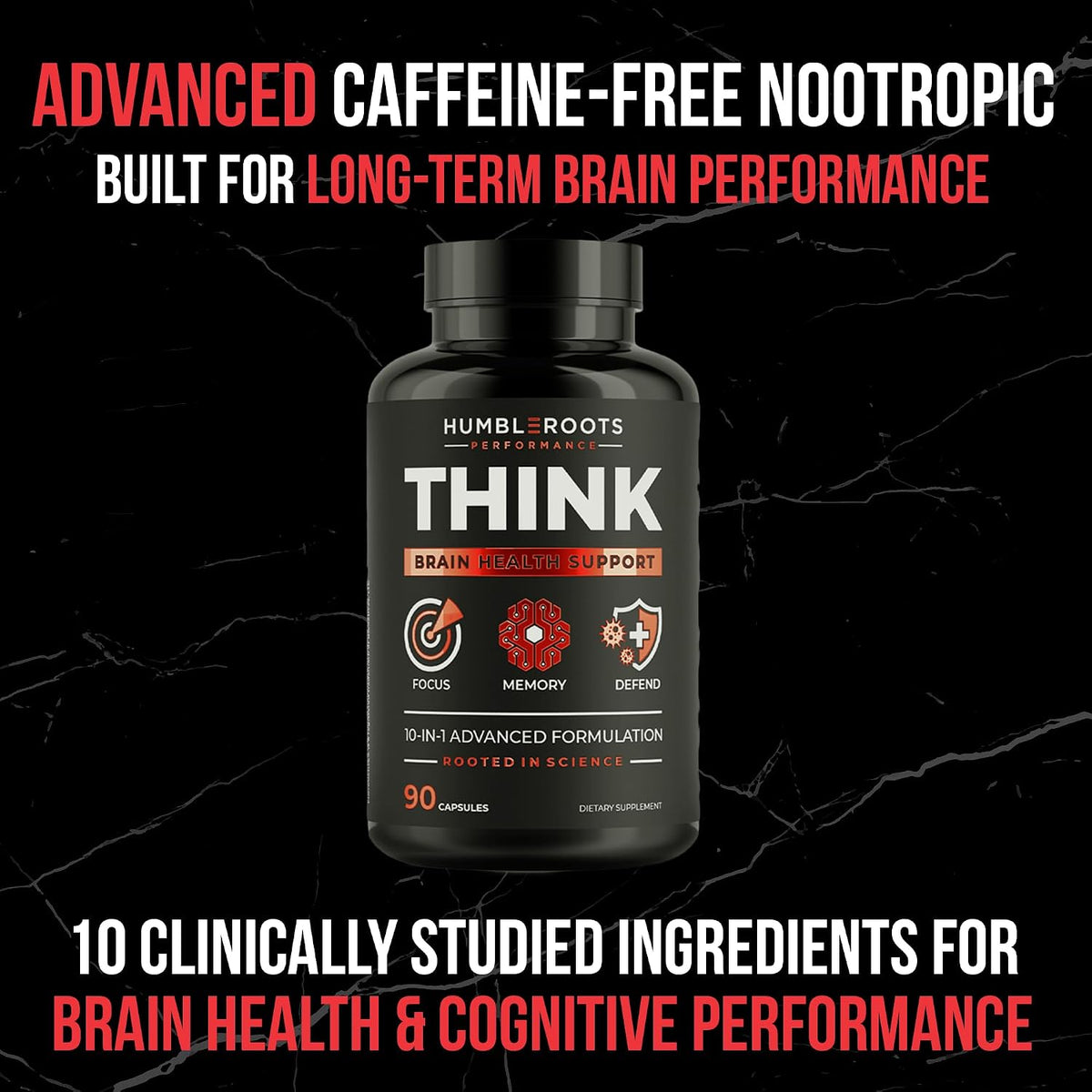 All-Natural Brain Supplement for Memory and Focus - Caffeine-Free Long-Term Cognitive Support - 10 Nootropic Ingredients Including Lion’s Mane, Bacopa, Turmeric, Ginkgo & Huperzine A - 90 Capsules
