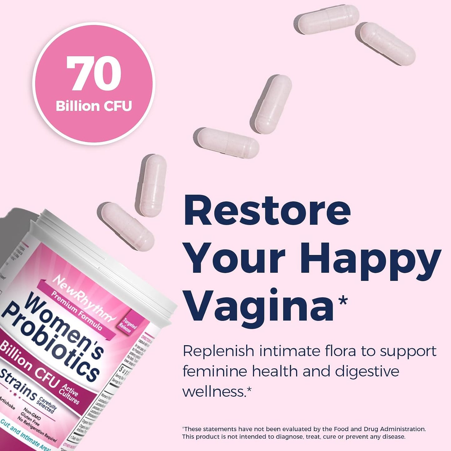 NewRhythm Women's Probiotics, Organic Prebiotics, 70 Billion CFU 10 Strains, Vaginal Probiotics for Urinary & Digestive Health, 30 Vegan Capsules, No Bloating