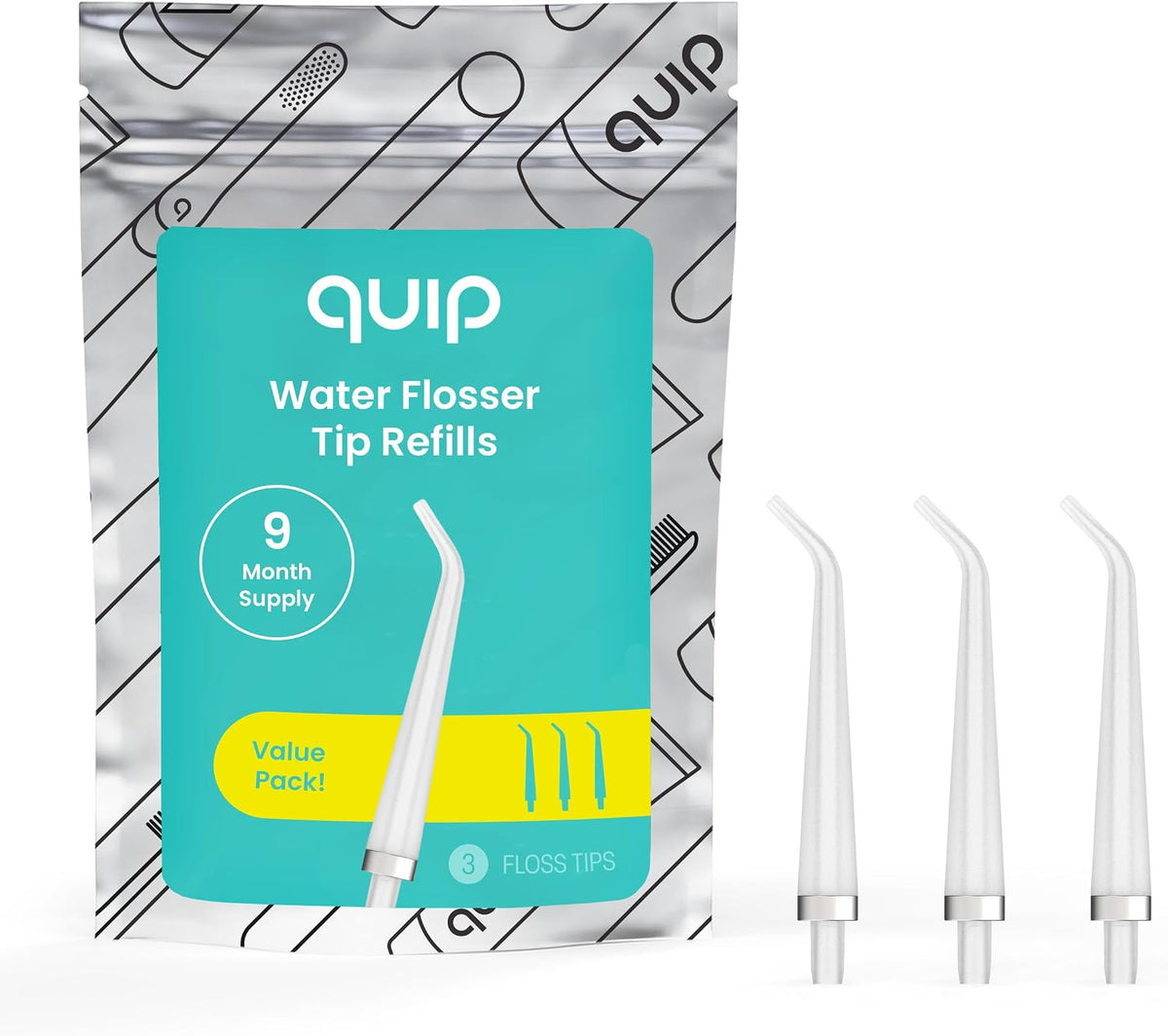 quip Water Flosser with Tip Refills Product Bundle - Cordless Water Flosser with Adjustable Pressure and Refill Tips - Black, 3 CT