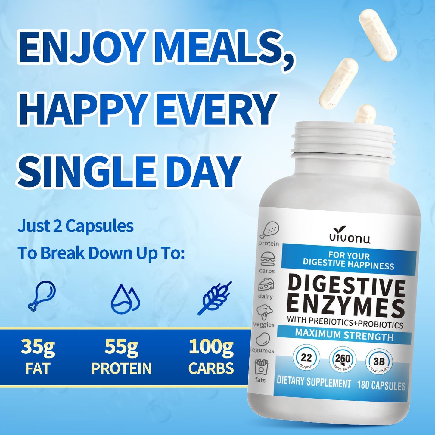 VivoNu Digestive Enzymes | 22 Enzymes with Organic Prebiotics & Probiotics | Supports Digestion* of Protein, Carbs, Fiber & Dairy | 180 Capsules