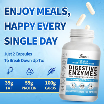 VivoNu Digestive Enzymes | 22 Enzymes with Organic Prebiotics & Probiotics | Supports Digestion* of Protein, Carbs, Fiber & Dairy | 180 Capsules