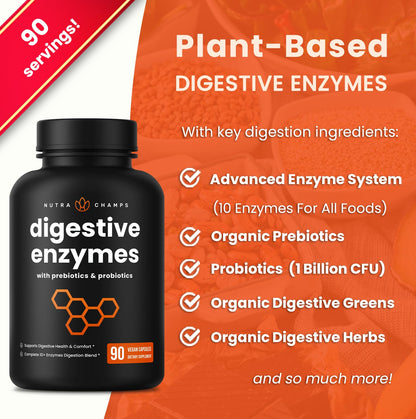 NutraChamps Digestive Enzymes with Probiotics and Prebiotics for Women & Men - 180 Vegan Capsules with Bromelain for Bloating & Optimal Gut Health