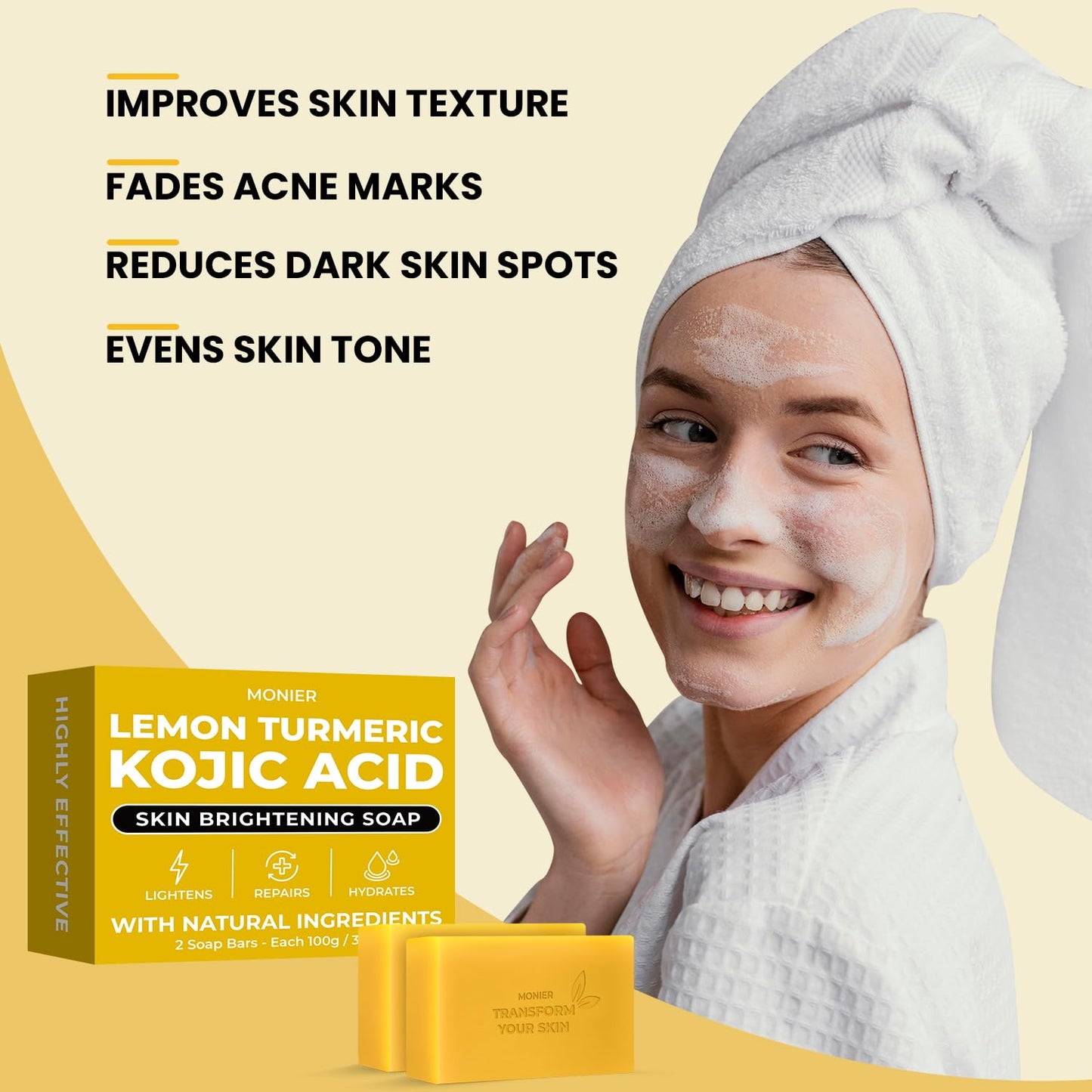 MONIER Brightening Lemon Turmeric Kojic Acid Soap Bars - with Collagen | with Collagen, Turmeric, Coconut Oil, Moisturizing & Nourishing, Original Japanese Complex (2 Soap Bars + Storage Net)