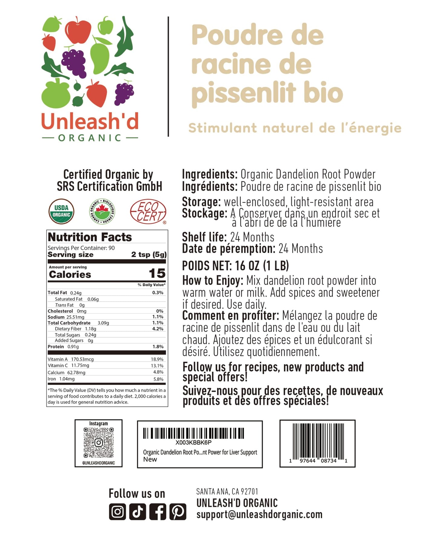 Unleash’d Organic Dandelion Root Powder 16oz – Organic, Vegan, for Tea & Drinks, Supports Detox & Digestive Health