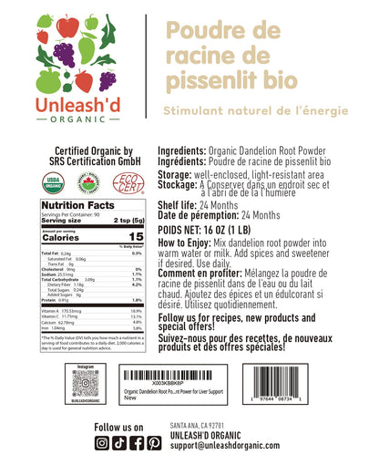 Unleash’d Organic Dandelion Root Powder 16oz – Organic, Vegan, for Tea & Drinks, Supports Detox & Digestive Health