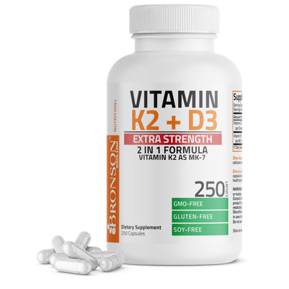 Bronson Vitamin K2 D3 (MK7) Extra Strength D3 & K2 Complex, 120 Capsules | Bone, Immune & Heart Health Support, Gluten Free, Soy Free, Non-GMO, Vitamin D3 10,000IU (250 mcg) & 120 mcg K2 MK-7
