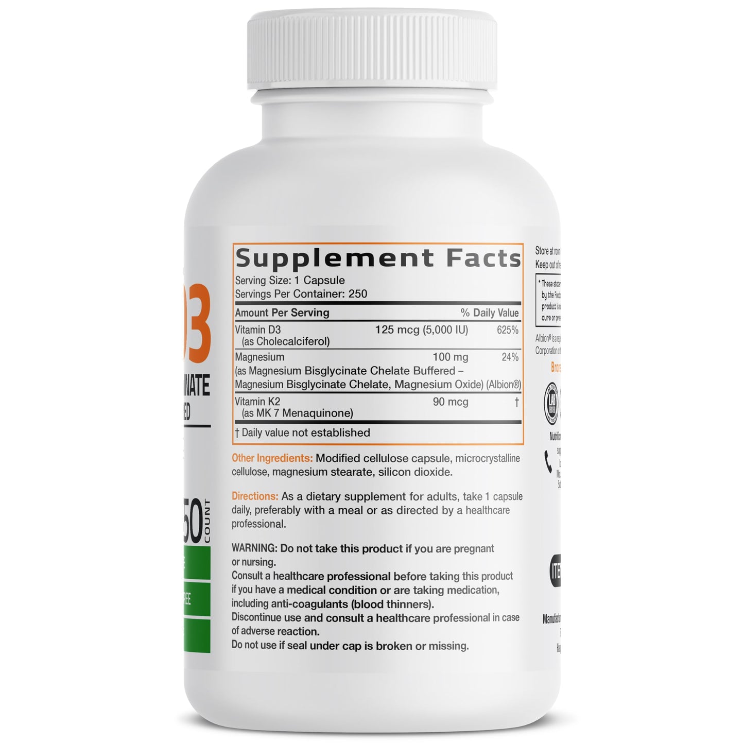Bronson Vitamin K2+D3 Magnesium Glycinate Supplement, 60 Capsules | 3-in-1 Bone & Heart Health Support Formula, Non-GMO, Gluten Free, Soy Free