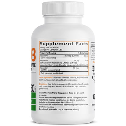 Bronson Vitamin K2+D3 Magnesium Glycinate Supplement, 60 Capsules | 3-in-1 Bone & Heart Health Support Formula, Non-GMO, Gluten Free, Soy Free