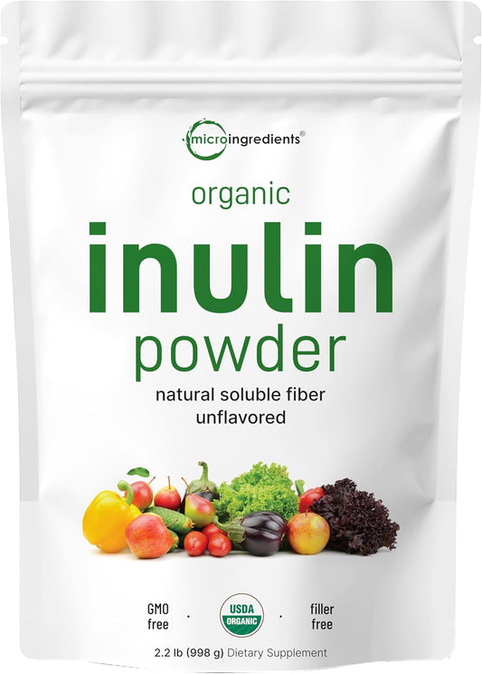 Micro Ingredients Organic Inulin FOS Fiber Powder, 2.2 lbs | Quick Water-Soluble Prebiotic | Natural Fiber for Smoothies & Drinks | Vegan Friendly, Dissolves Clear