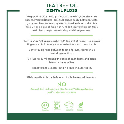 Desert Essence, Tea Tree Dental Floss 50 yd - Gluten Free - Cruelty Free - Naturally Waxed with Bees Wax - No Shred Floss - Tea Tree Oil - Removes Plaque and Build Up, pack of 6