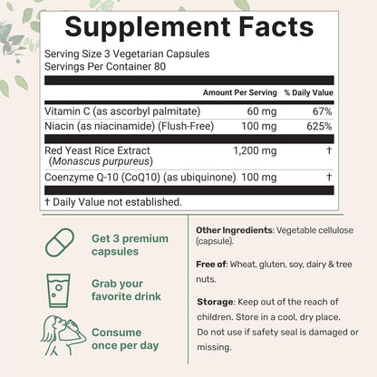 Micro Ingredients Red Yeast Rice with CoQ10 1200mg, 240 Veggie Capsules | Cholesterol Support & Heart Health Supplements* | 4-in-1 with Flush Free Niacin & Fat Soluble Vitamin C | Filler Free, Non-GMO