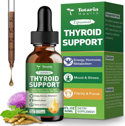 Totaria Liposomal Thyroid Support Drops, Iodine, Selenium, Zinc | Ashwagandha, L-Tyrosine, B12 | Energy, Metabolism, Hormone & Mood, 2 Fl.Oz