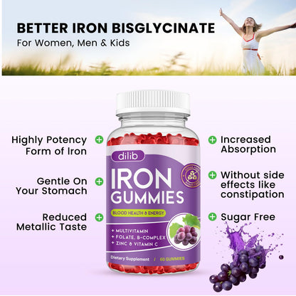 Iron Gummies with Multivitamin, Iron Supplement for Women & Men with Zinc, Vitamin B Complex & C, B12, Folate - Blood Builder & Energy Support for Adults & Kids - Strawberry Flavor, Vegan 60 Gummies