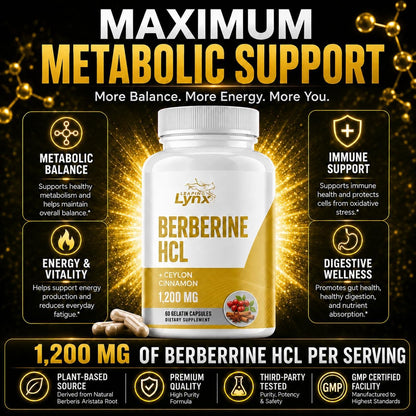 Berberine HCl 1200mg - 60 Capsules - High Absorption Berberine Supplement - Non-GMO, Gluten-Free & Third Party Tested - 30-Day Supply