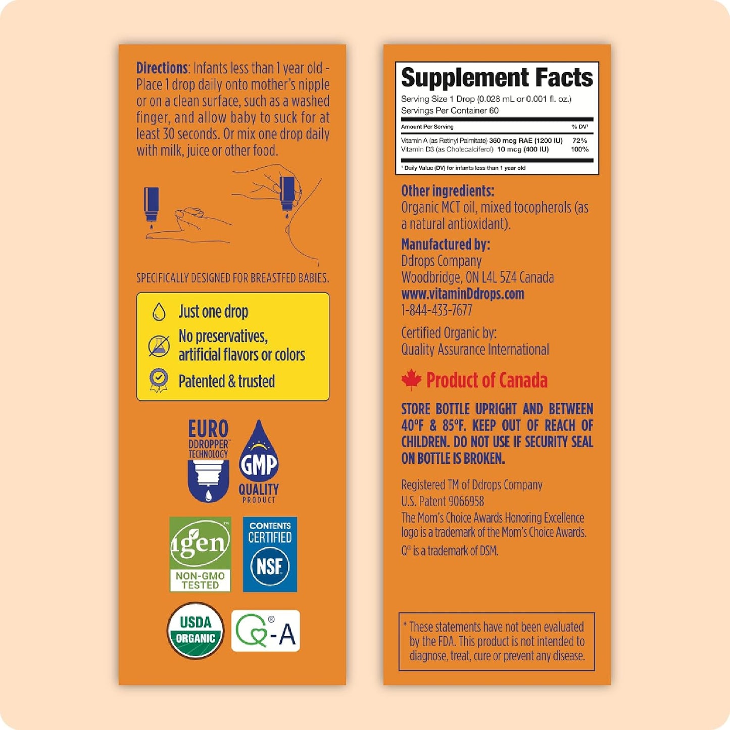 Ddrops® Baby Organic Liquid Vitamins A&D Drops for Infants, 60 Drops. Supports Babies’ Eye Health, Bone Development and Immune Function. Certified Organic, Non-GMOs, Allergy-Friendly